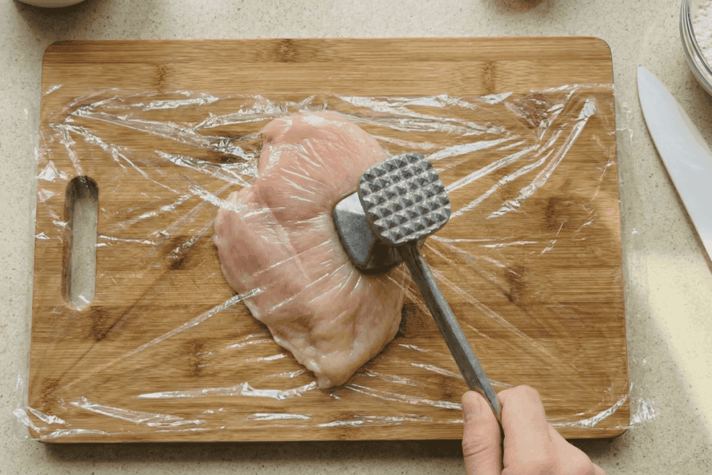 pounding raw chicken on a wooden board with a meat mallet in between plastic sheets