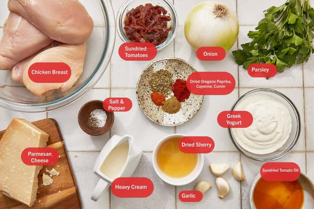 Flat lay of Greek Yogurt Chicken ingredients.
