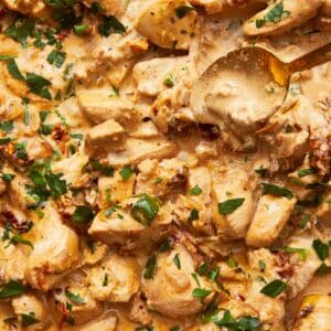 Golden spoon scooping creamy Greek Yogurt Chicken with sun-dried tomatoes and fresh parsley from a rich, velvety sauce.