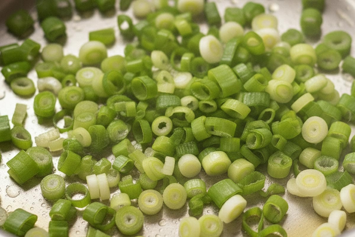 Chopped green onions in a saucepan.