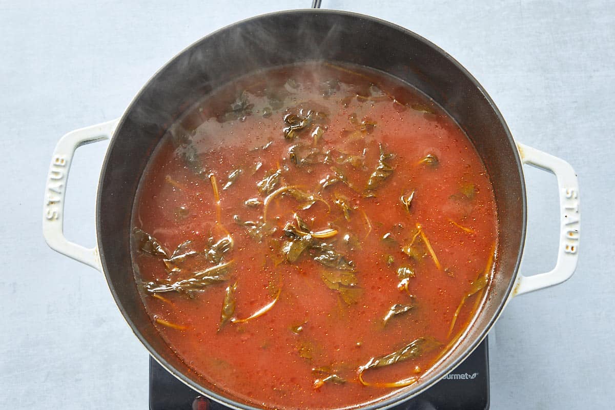 Simmering the tomato with water, salt, olive oil, parsley, and basil for the creamy tomato pasta base.