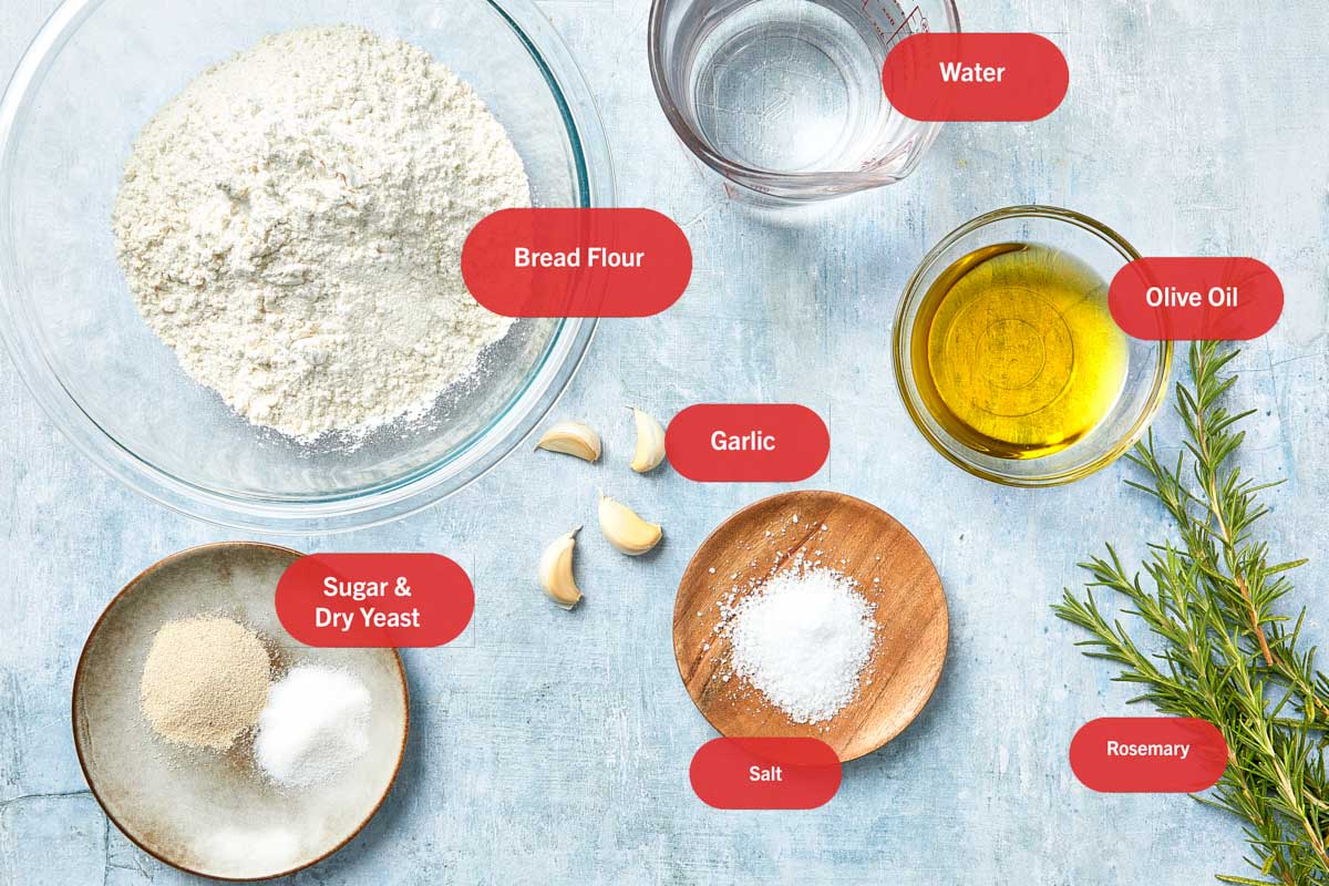 Flat lay of labeled focaccia ingredients