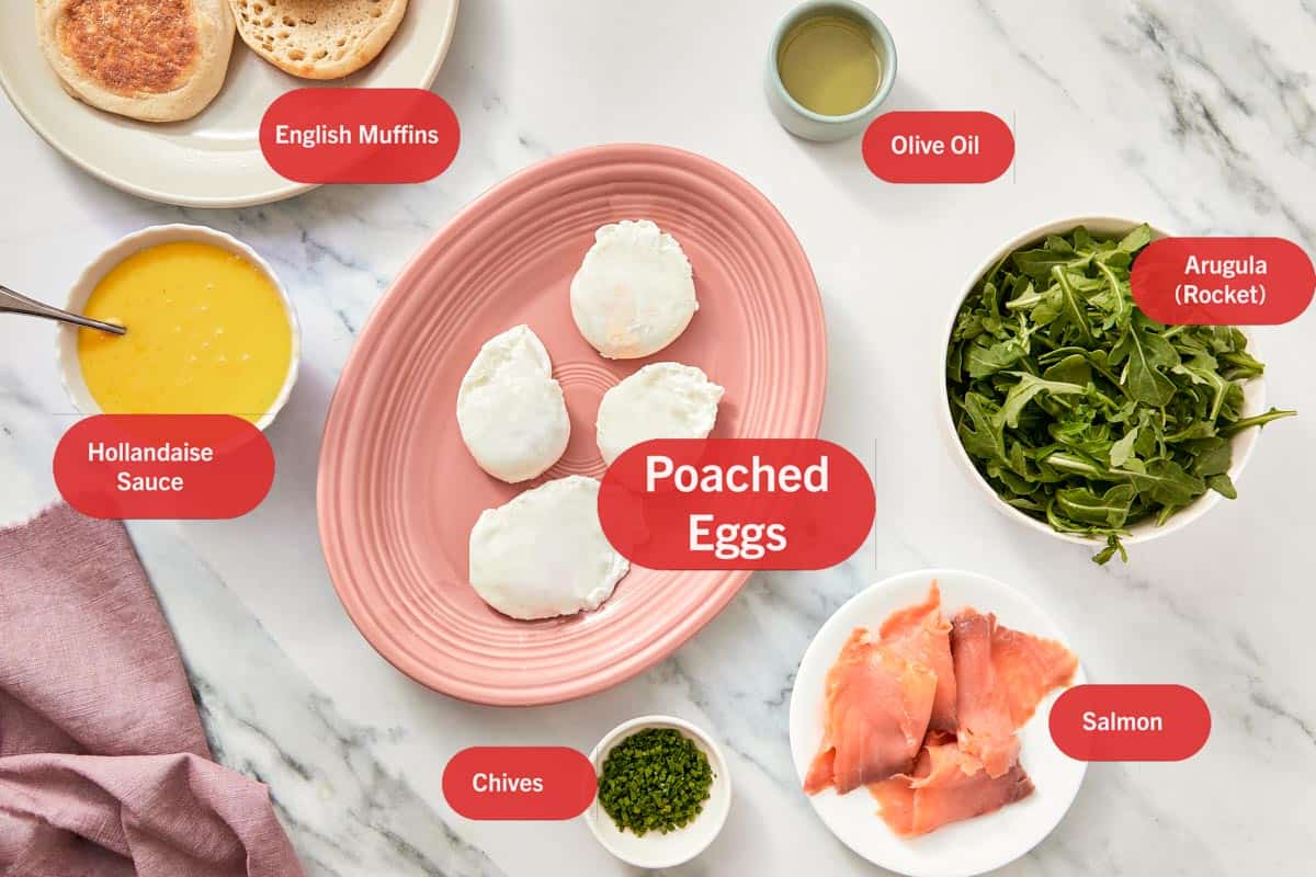 Labeled top-down layout of Eggs Benedict ingredients.