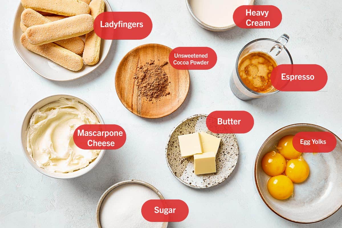 Top view of tiramisu ingredients: ladyfingers, mascarpone cheese, sugar, egg yolks, butter, espresso, unsweetened cocoa powder, and heavy cream, labeled and arranged on a white surface