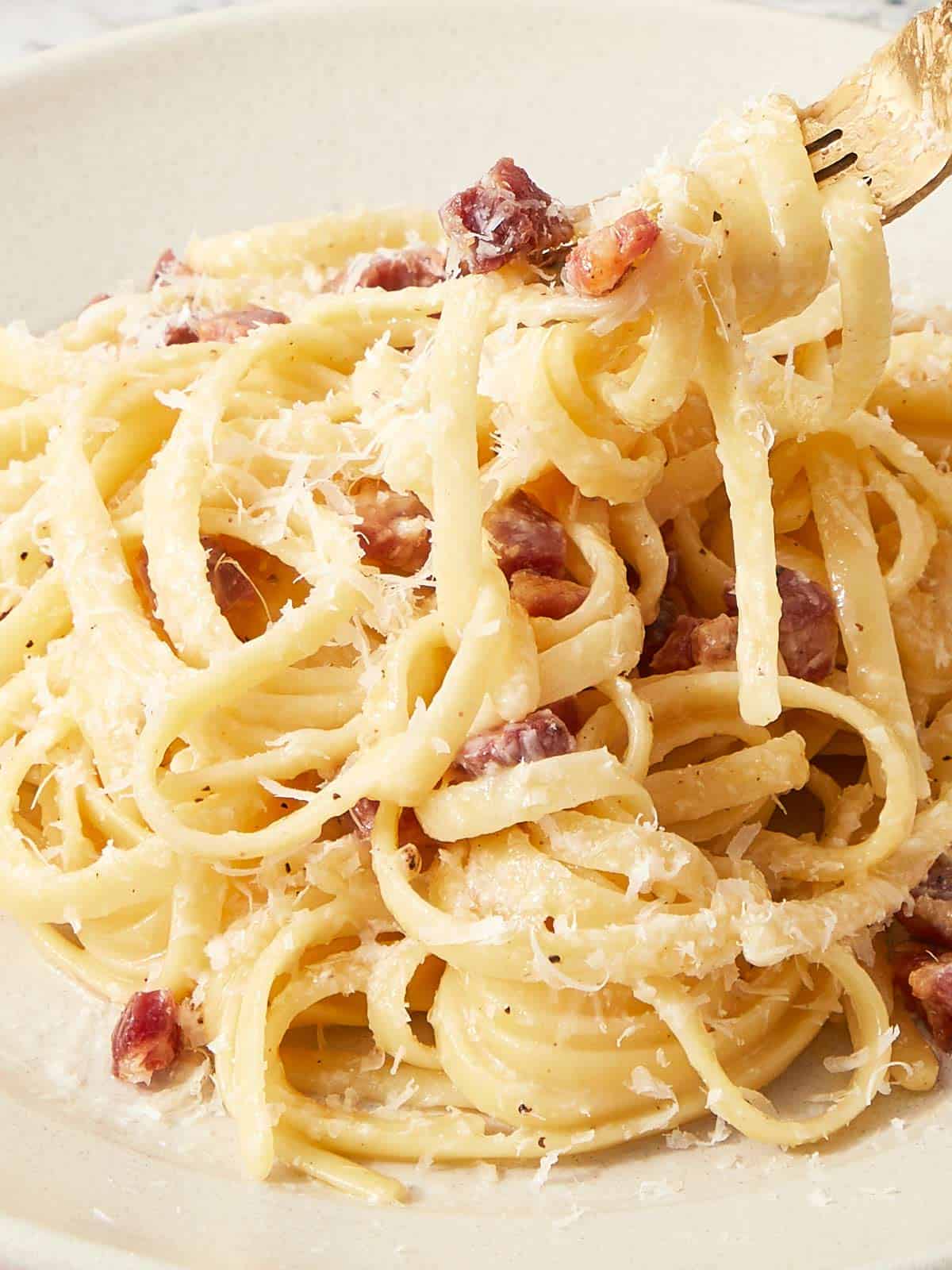 Close-up of creamy carbonara pasta twirled on a fork with crispy pancetta and freshly grated Pecorino Romano.
