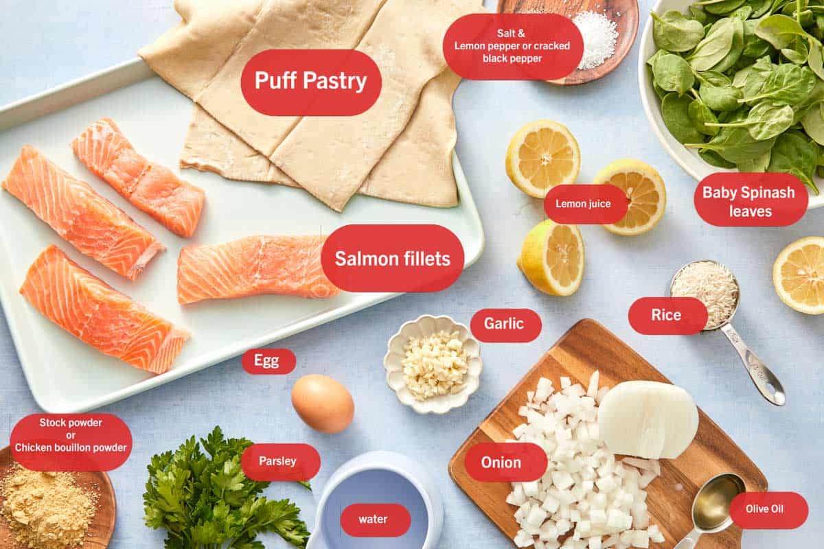 Top-down view of labeled ingredients for Puff Pastry Salmon Parcels.