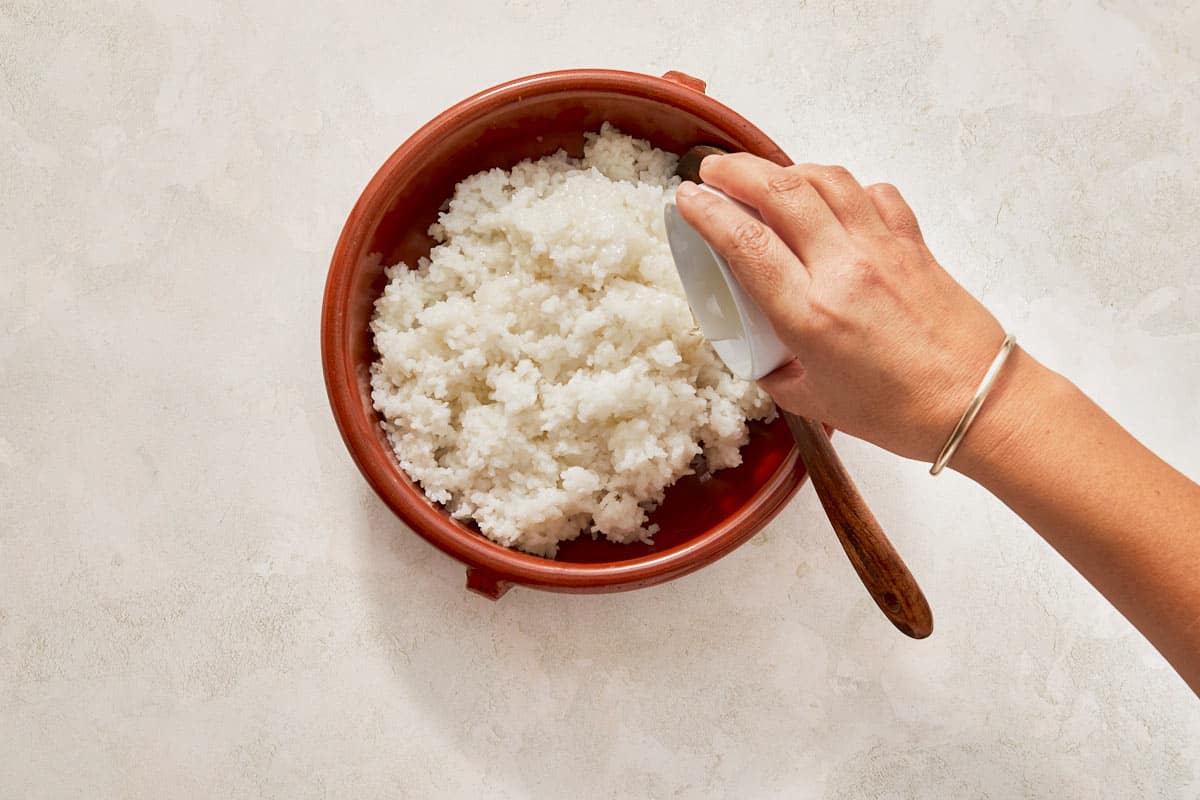 Hand grips a spoon poised over a bowl of rice