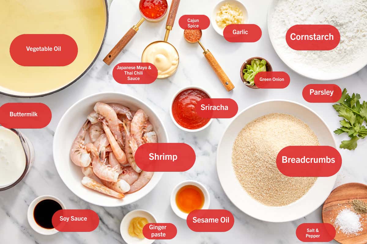 Overhead view of Bang Bang Shrimp ingredients labeled.