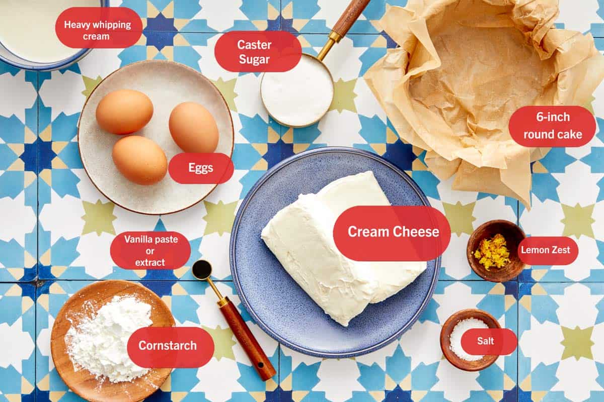 Ingredients for Basque cheesecake laid out on a patterned surface with labels