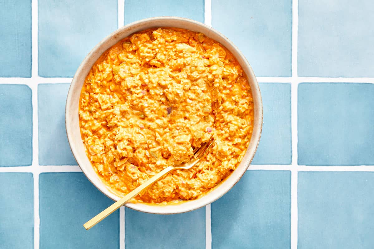 Bowl of buffalo chicken deviled egg filling.