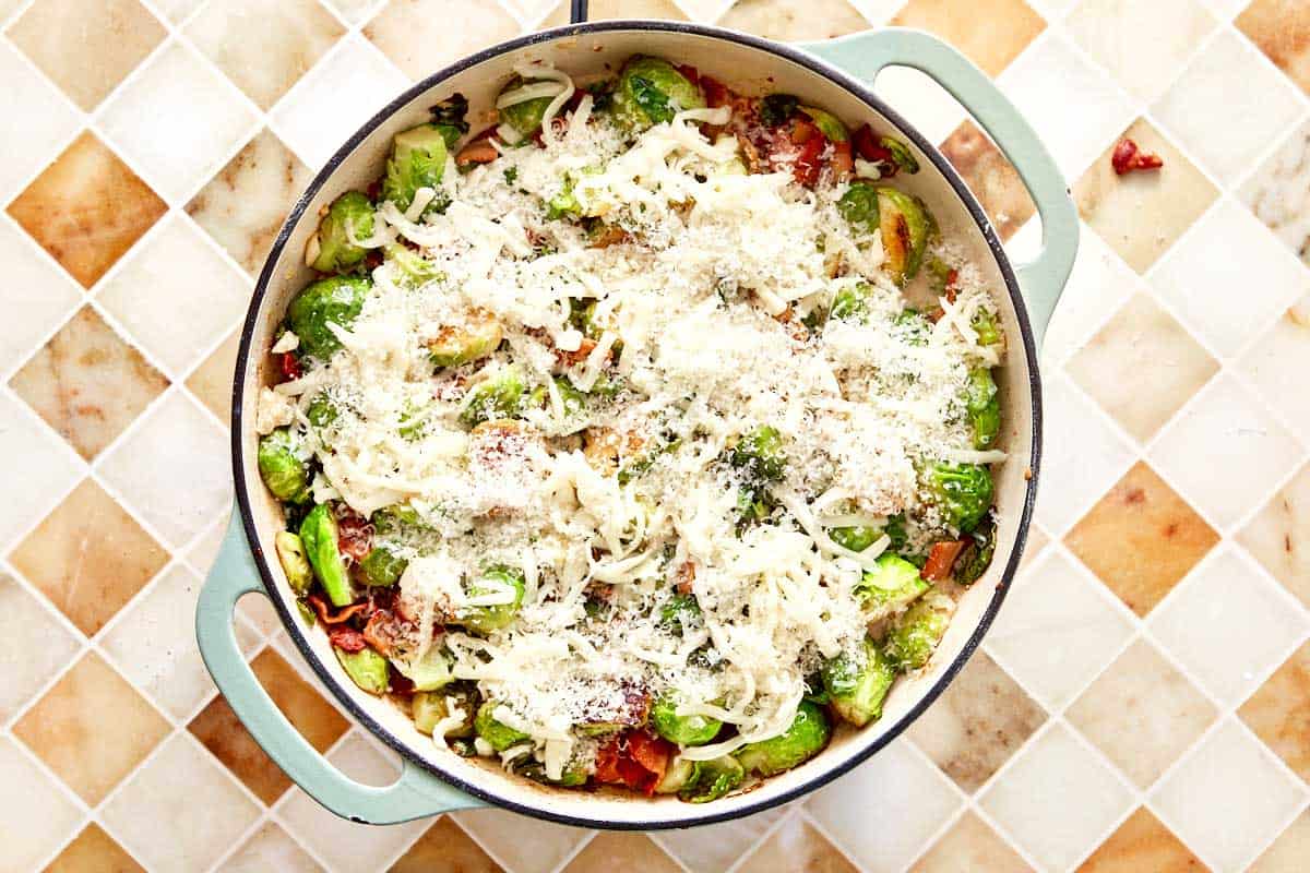 Brussels sprouts topped with mozzarella and parmesan cheese