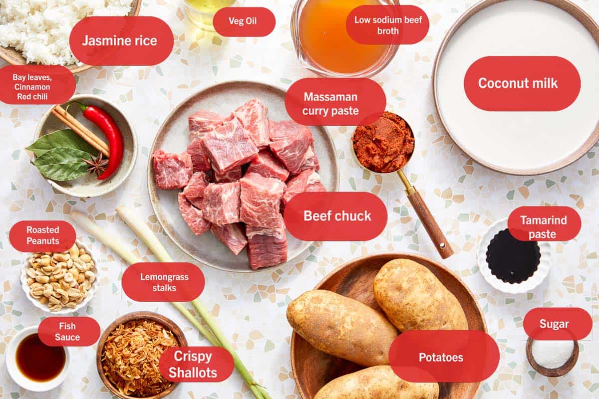 Massaman Beef Curry ingredients arranged on a table.