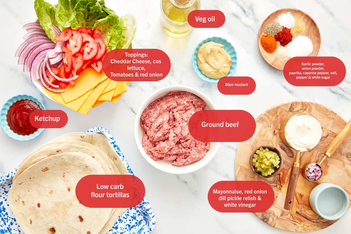 Flat lay of smash burger taco ingredients.