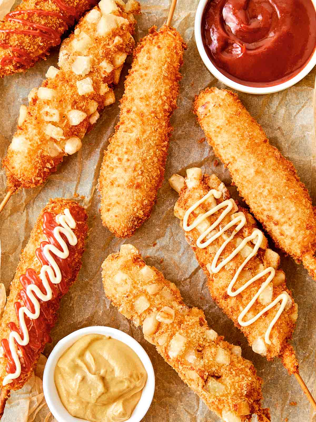 Golden fried Korean corn dogs topped with crinkle-cut fries and sauces, ready to dip and devour.