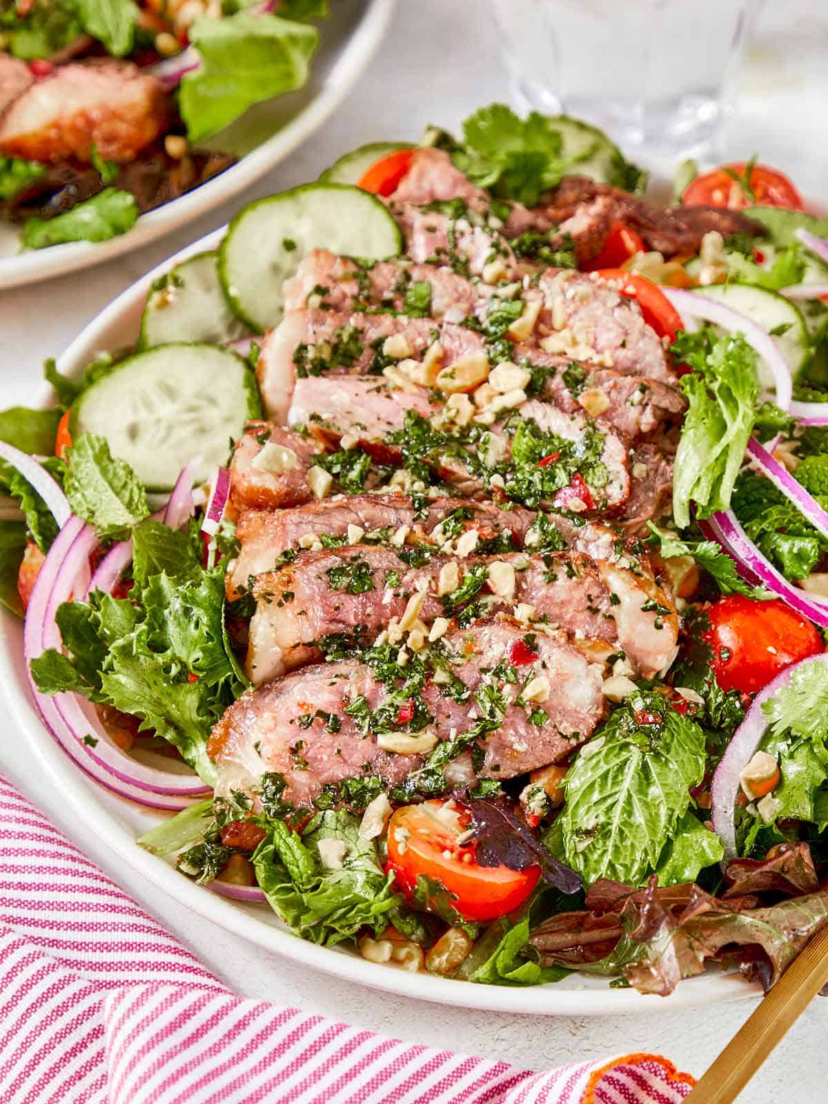 Close-up of Thai beef salad with sliced seared steak.