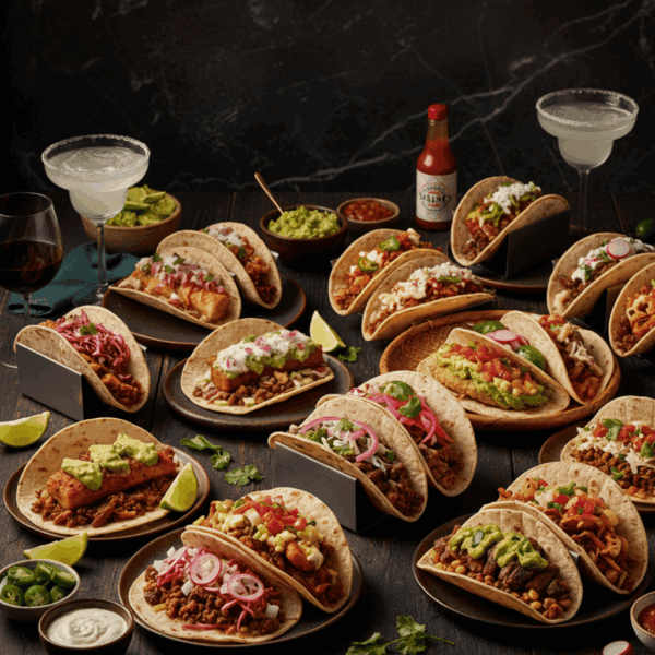 picture of an array of tacos, soft shell, hard shells some filled with meat, others with crispy chicken or fish, topped with salsa
