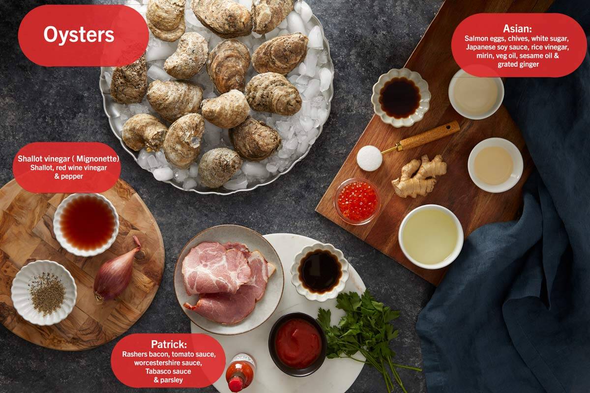 Fresh oysters on ice with ingredients for three toppings,
