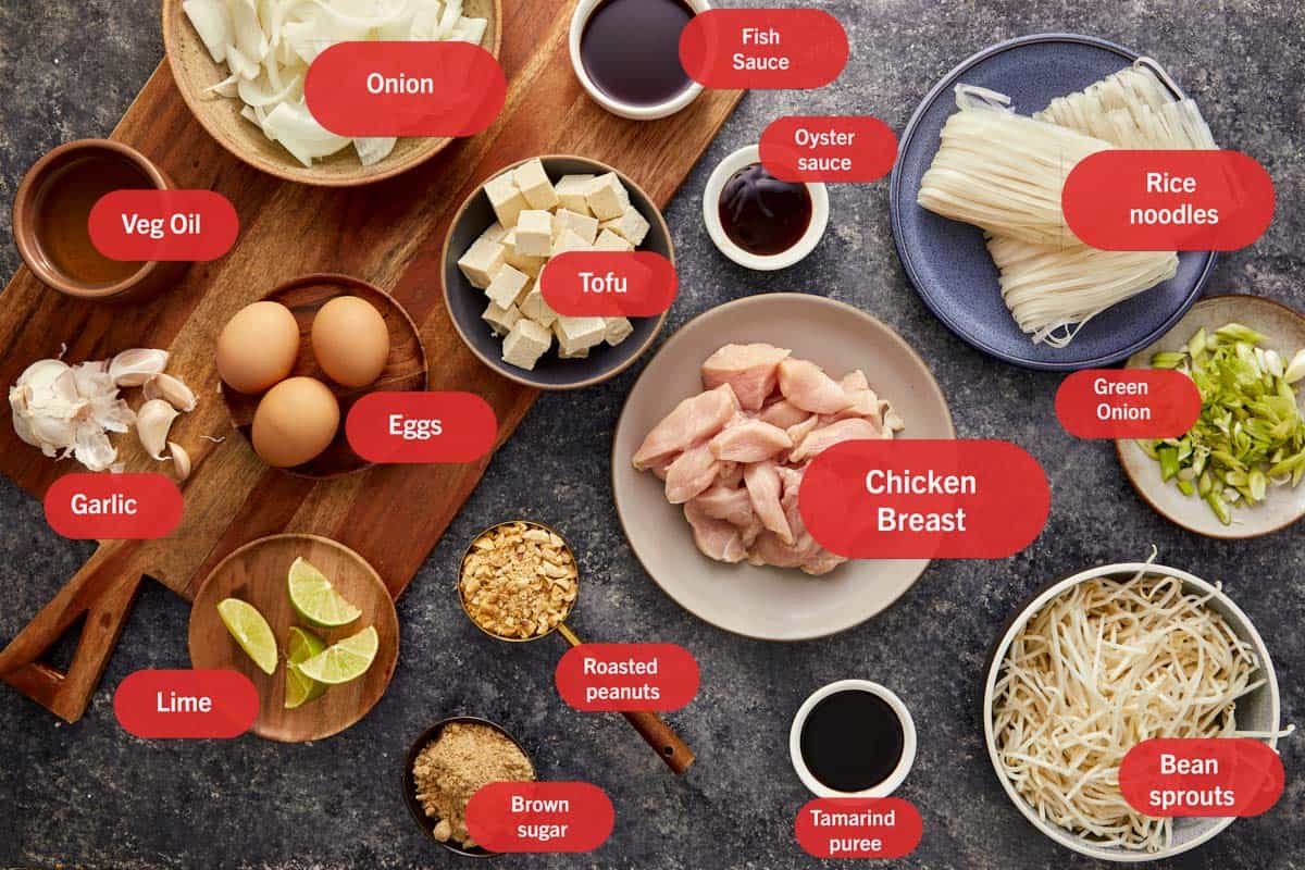 Flat lay of Pad Thai ingredients including chicken breast, rice noodles, tofu, eggs, onion, garlic, bean sprouts, peanuts, tamarind puree, sauces, and lime wedges, labeled with red tags.