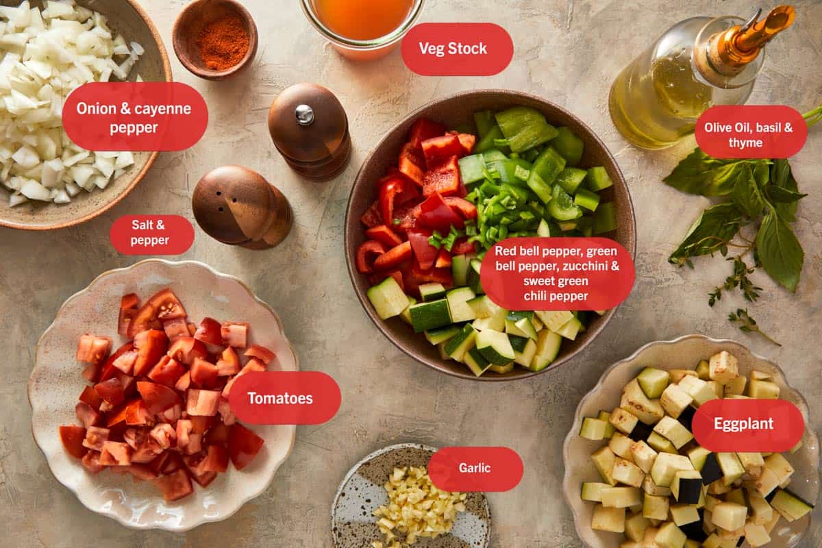 Ingredients for Ratatouille, beautifully arranged on a wooden table.