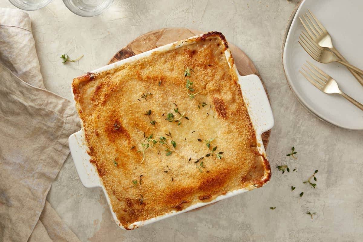 Shepherd’s Pie baked until the potato top is crisp and golden.