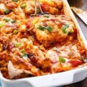 close up of chicken and corn enchilada bake