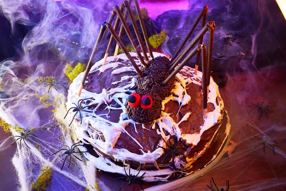 Finished Halloween Spider Cake on display, surrounded by cobwebs and spooky lighting.
