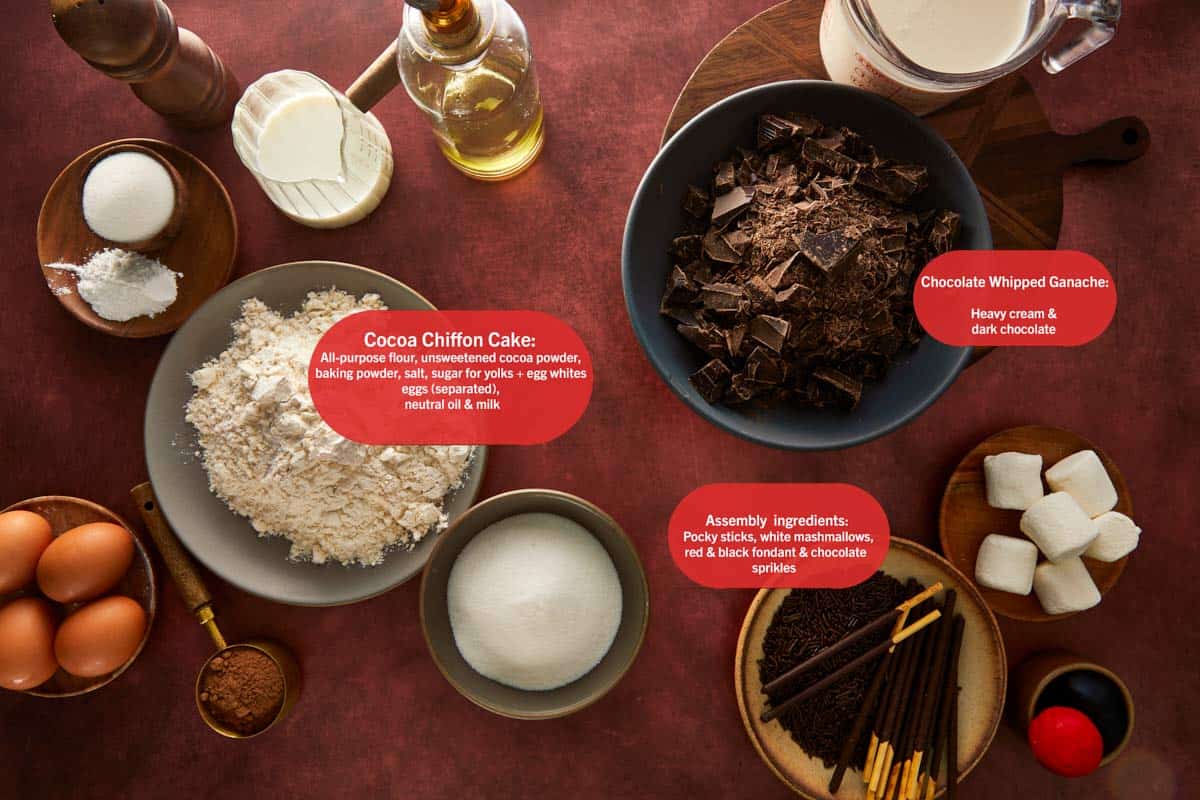 Overhead view of Chocolate Spider Layer Cake ingredients: cocoa powder, flour, eggs, chocolate chunks, milk, oil, and Pocky sticks.