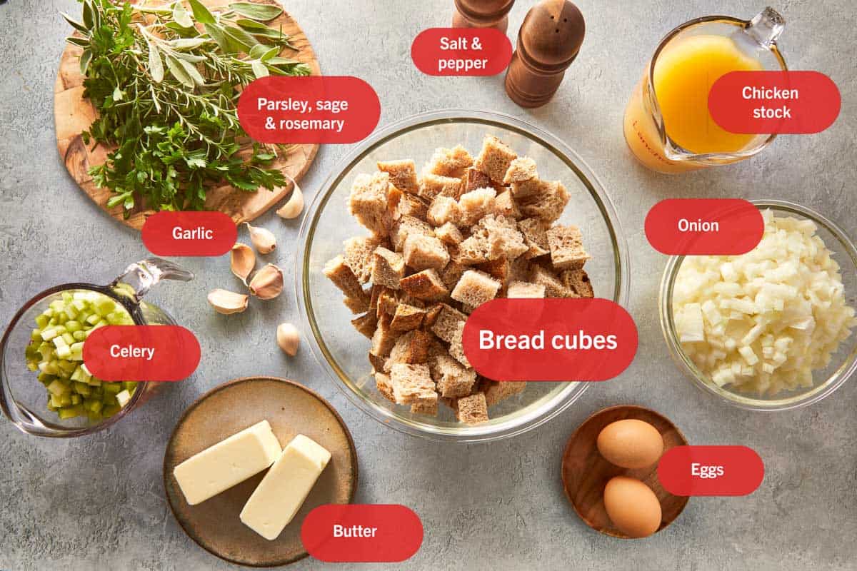 All the ingredients for classic buttery herb stuffing laid out: bread cubes, fresh herbs, butter, eggs, chopped onion, celery, garlic, chicken stock, salt, and pepper labeled clearly on a light surface.