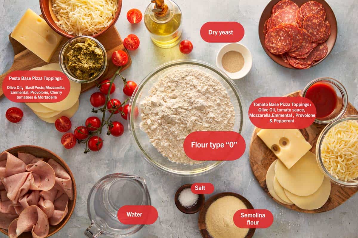 Overhead shot of focaccia pizza ingredients including