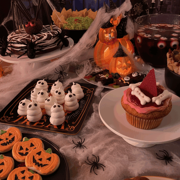 A table full of tasty scary treats for halloween, the table is covered with spiders and webs