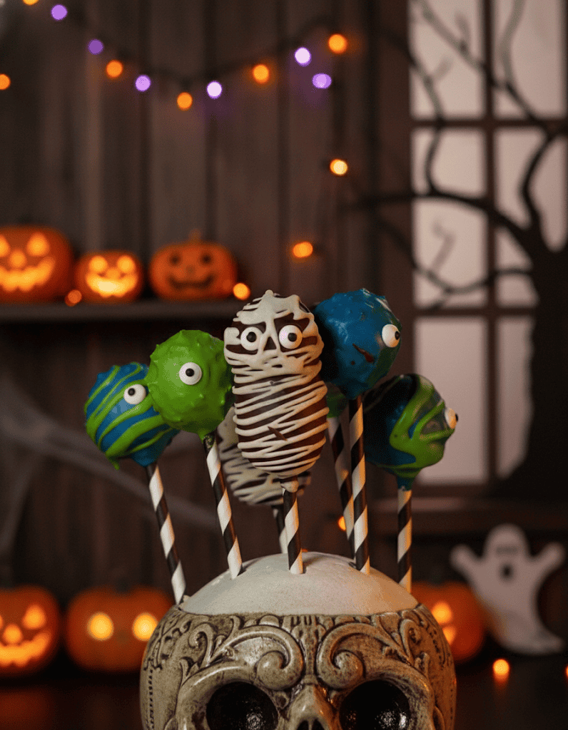 red velvet monster cake pops close up