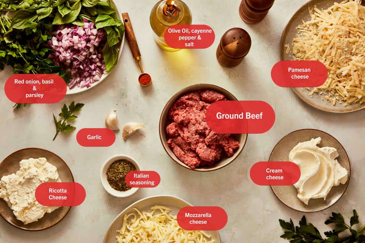 Ingredients for lasagna dip including beef, cheese, herbs, and garlic.