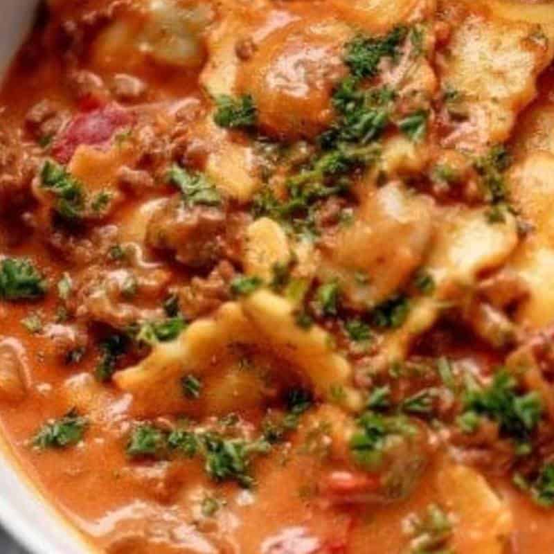 One Pot Ravioli in a Creamy Tomato Beef Sauce