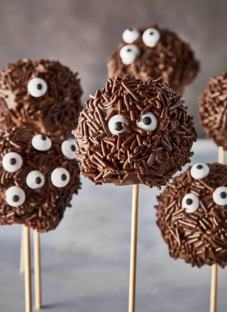 Red Velvet Monster Cake Pops covered in chocolate and sprinkles with candy eyes, perfect for a fun Halloween treat.