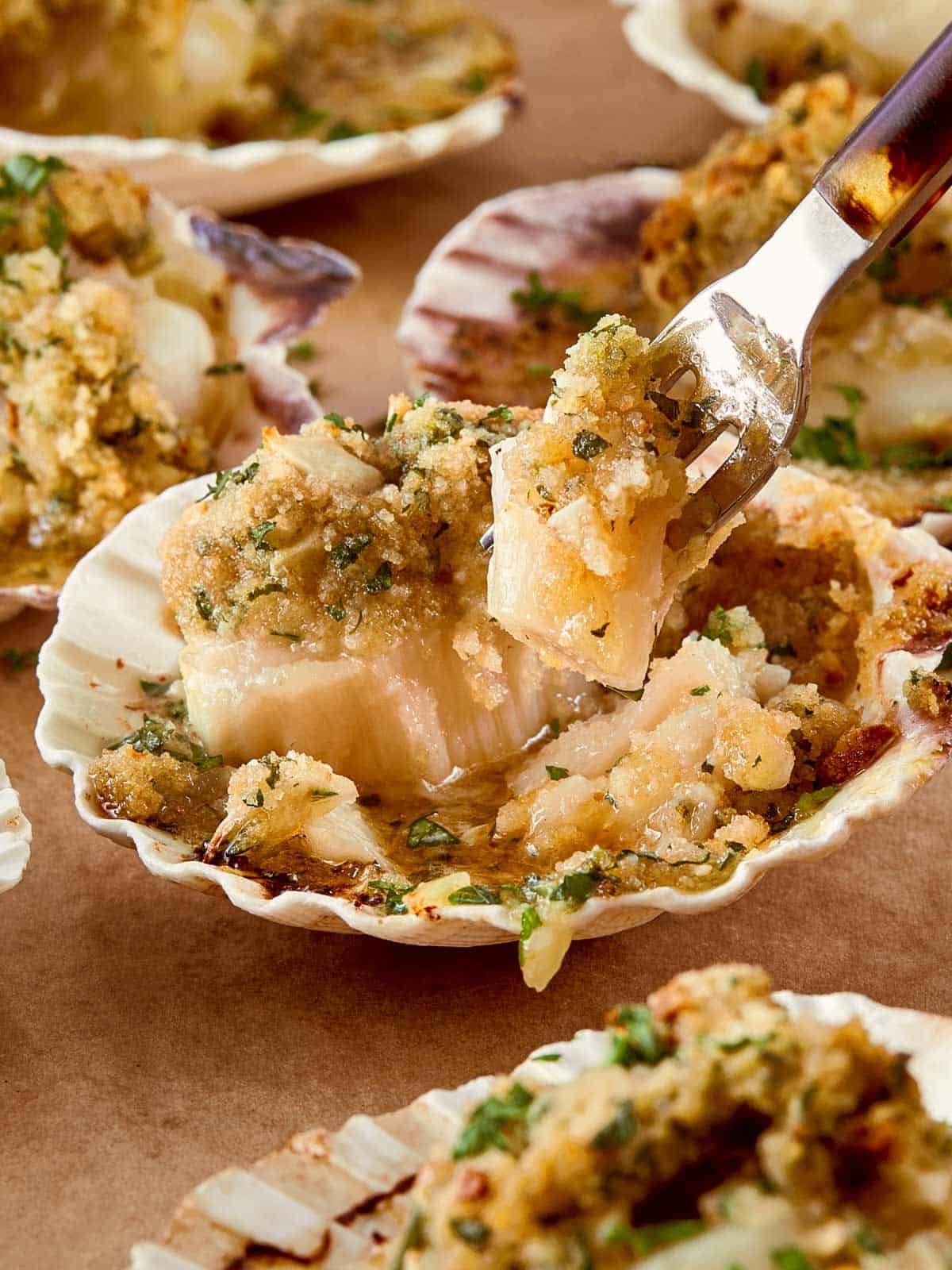 Close-up of golden-baked scallops in their shells, topped with crispy garlic and parsley breadcrumbs, as a fork lifts a tender bite showing the buttery texture underneath.