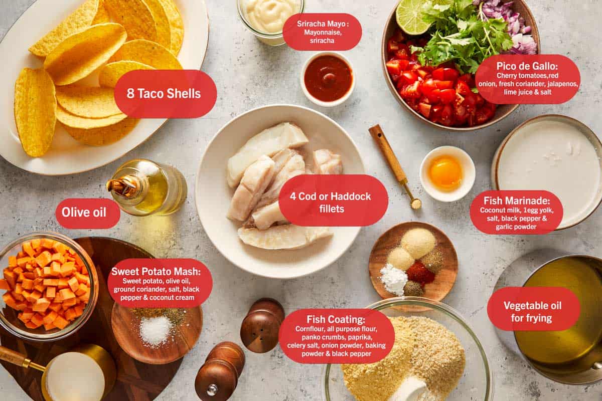 Fish taco ingredients on a table.