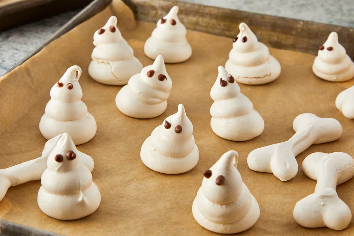 Swiss meringue ghosts and bones baked to crisp perfection.