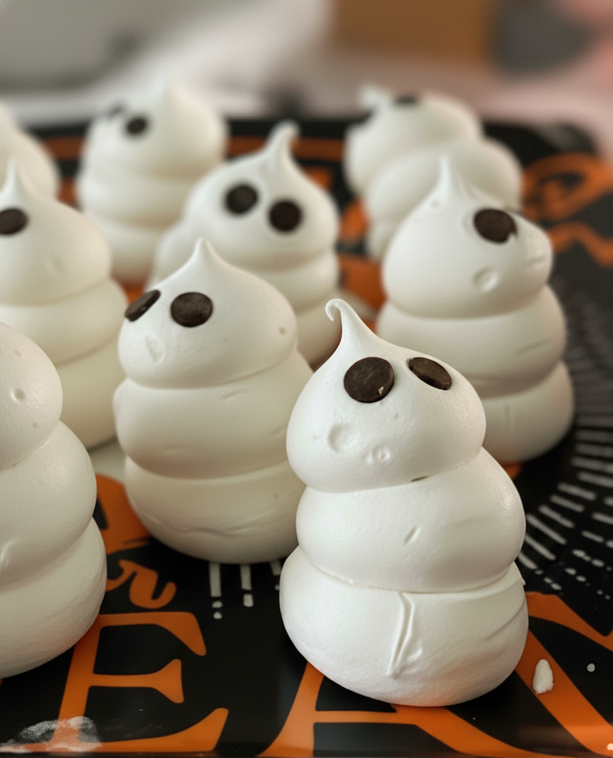 Swiss Meringue Ghosts sitting on a trick or treat plate
