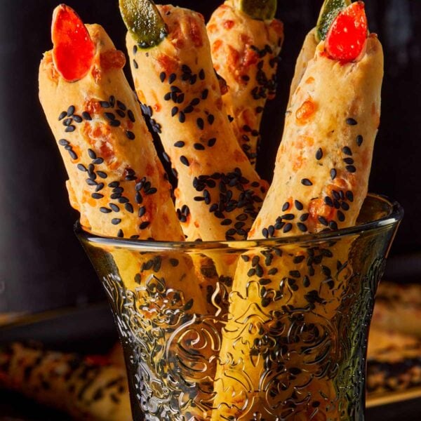 Close-up of freshly baked Witch Finger Grissini.