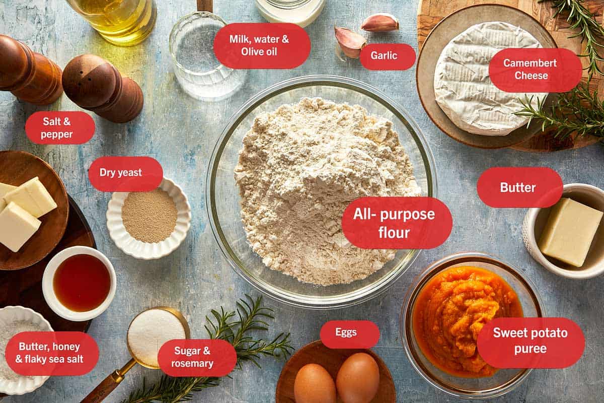top down shot of ingredients being laid out for sweet potato bun cheese dip