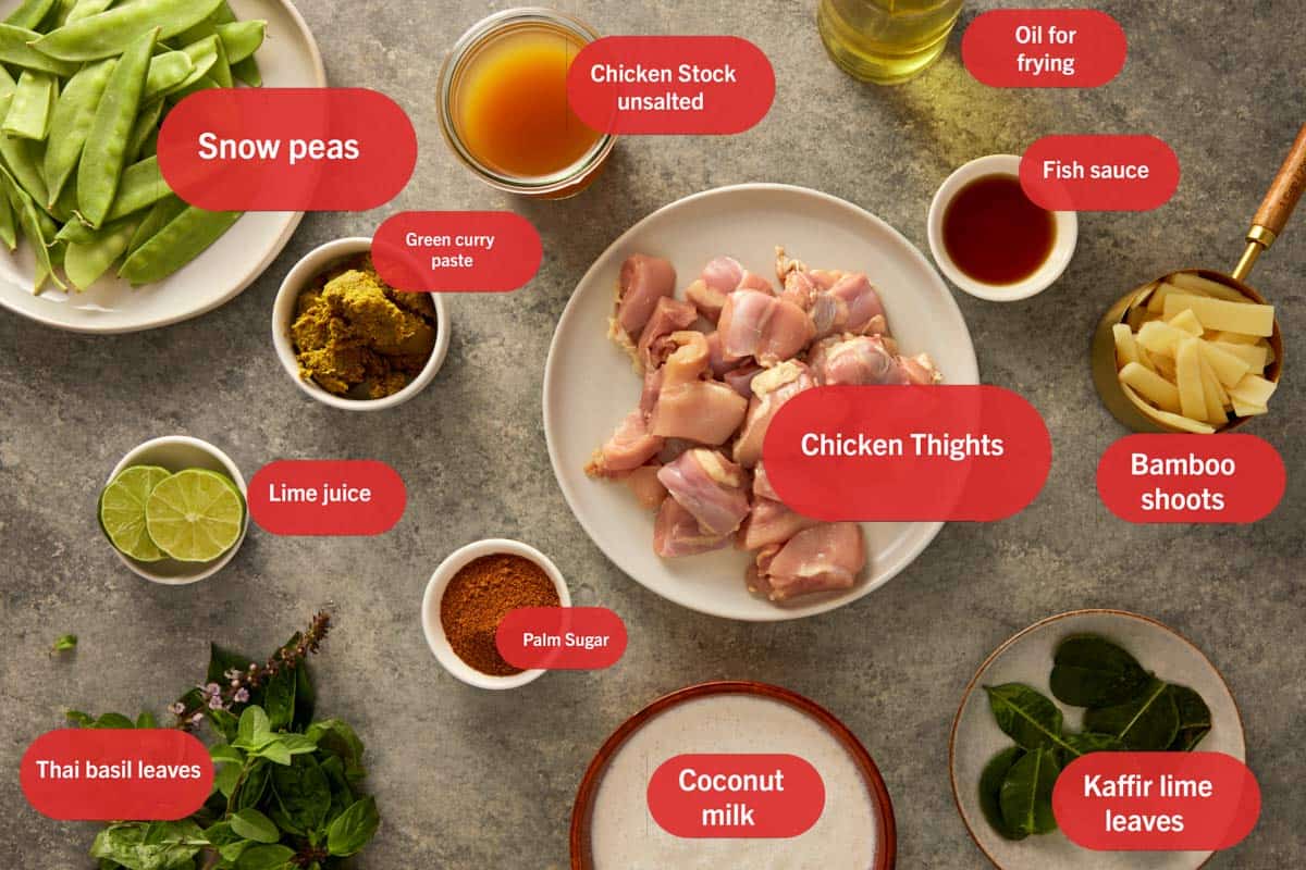 top down shot of ingredients for thai green chicken