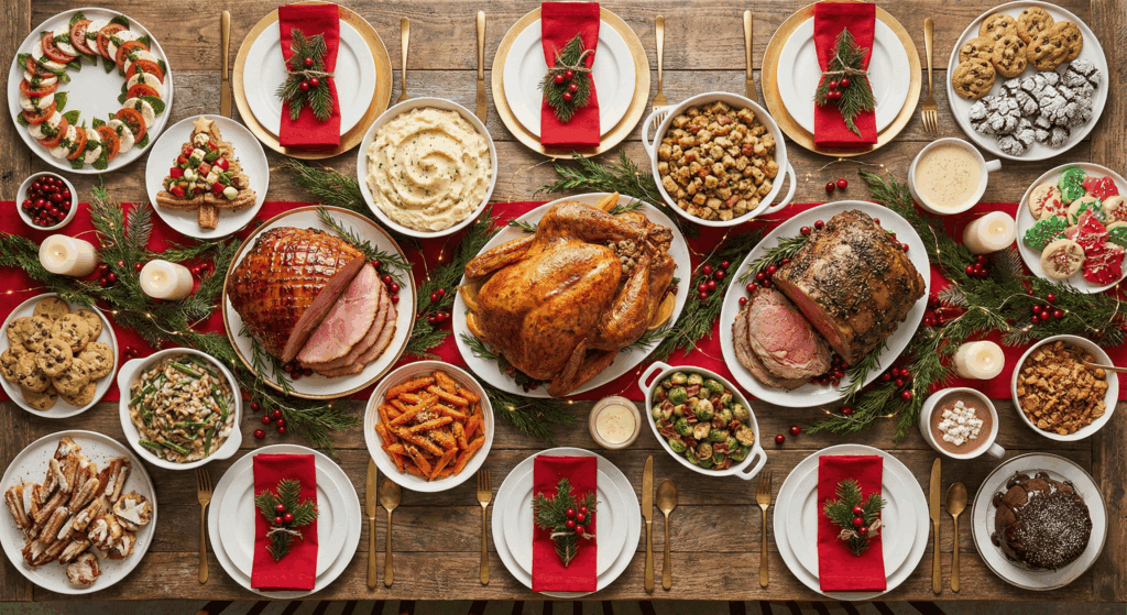 decorated christmas table with white plates and red napkins featuring roast turkey and hams and plenty of side dishes
