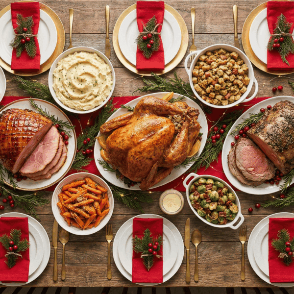 decorated christmas table with white plates and red napkins featuring roast turkey and hams and plenty of side dishes