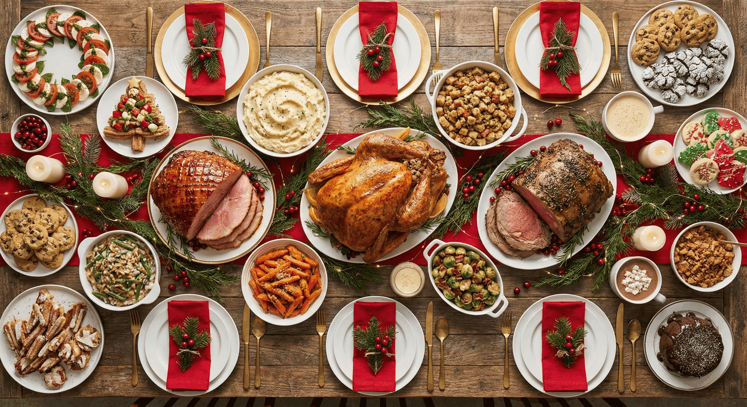 decorated christmas table with white plates and red napkins featuring roast turkey and hams and plenty of side dishes