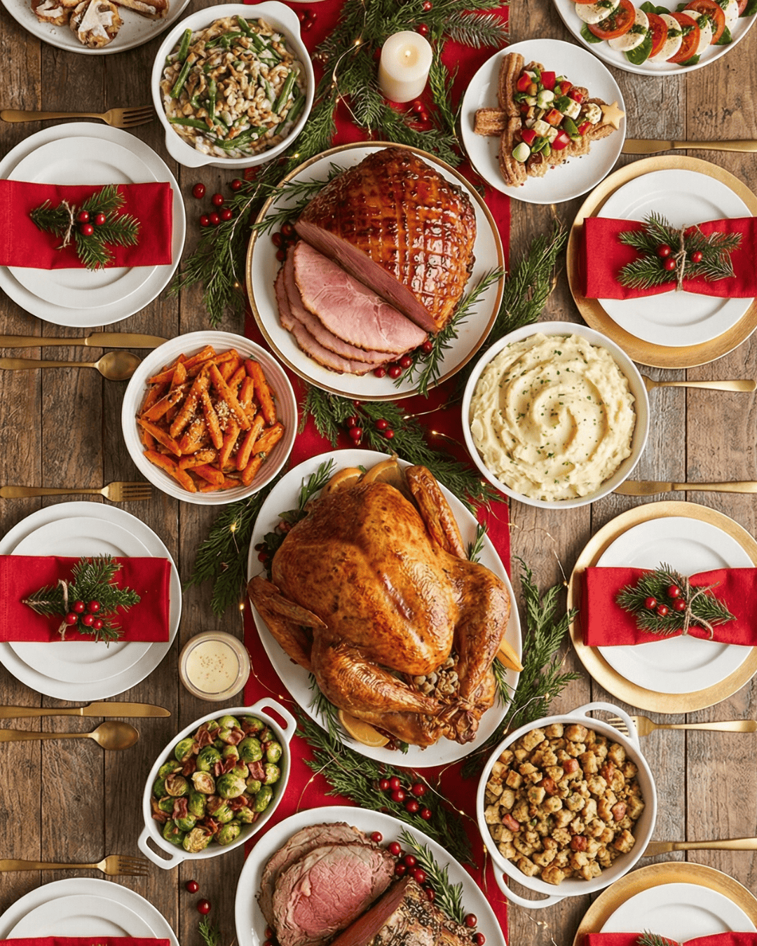 A Christmas table filled with roast turkey, maple glazed ham, bean casserole, roasted carrots and mashed potatoes