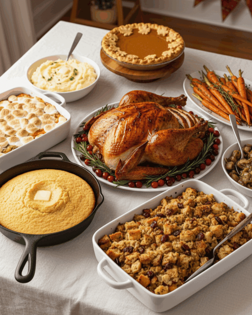Thanksgiving table filled with turkey, cornbread, bean casserole, rosted garlic carrots and pumpkin pie 