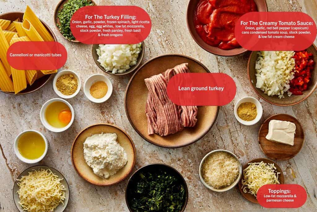 a top down shot of all the ingredients that are sitting on a kitchen bench in bowls ready to be used for the recipe.