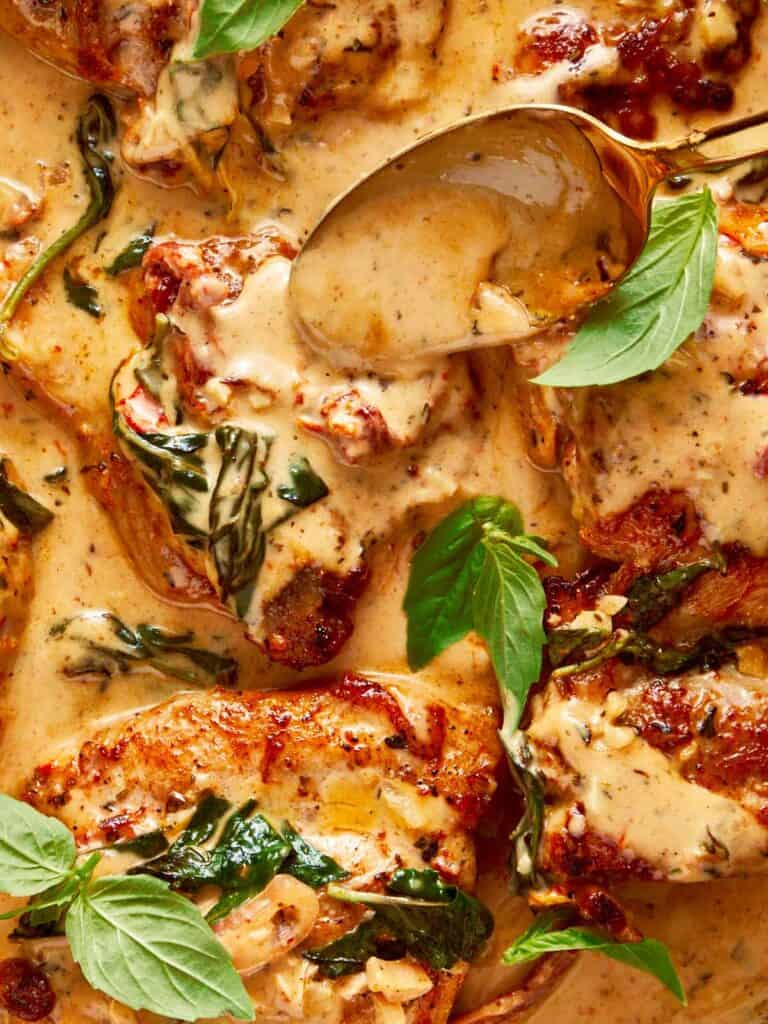 a close up shot with a spoon top down of a creamy brown sauce and golden baked chicken swimming in the sauce
