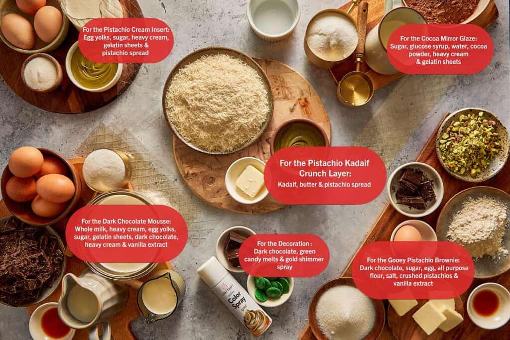 a list of all the ingredients that make up the cake displayed in bowls top down view