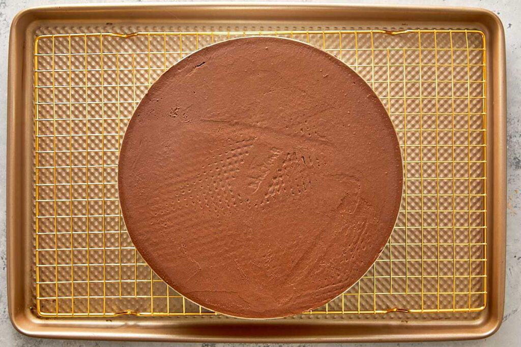 the cake cooling on a wire rack. You see the top down view of a chocolate glaze